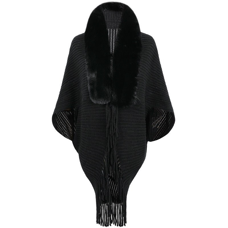Raya Elegant Knit Poncho in Black