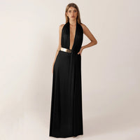 Raya Elegant Maxi Dress with V-Neck and Belted in Black