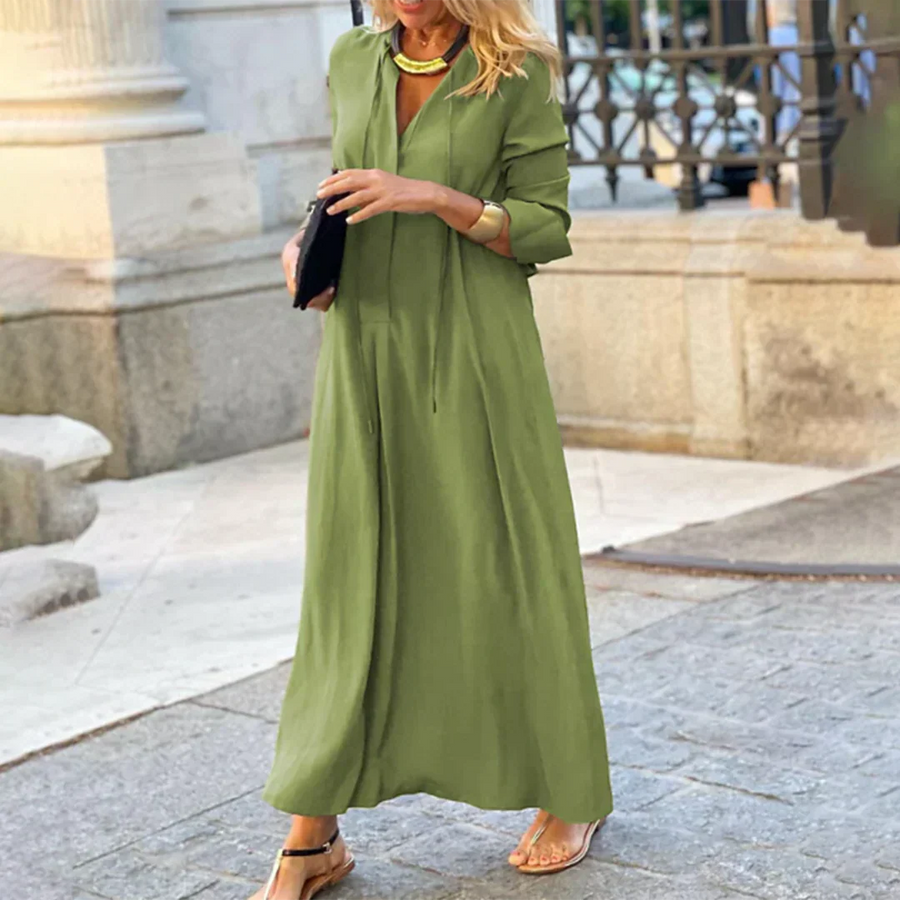 Women's V-Neck Long Sleeve Tie Waist Maxi Dress