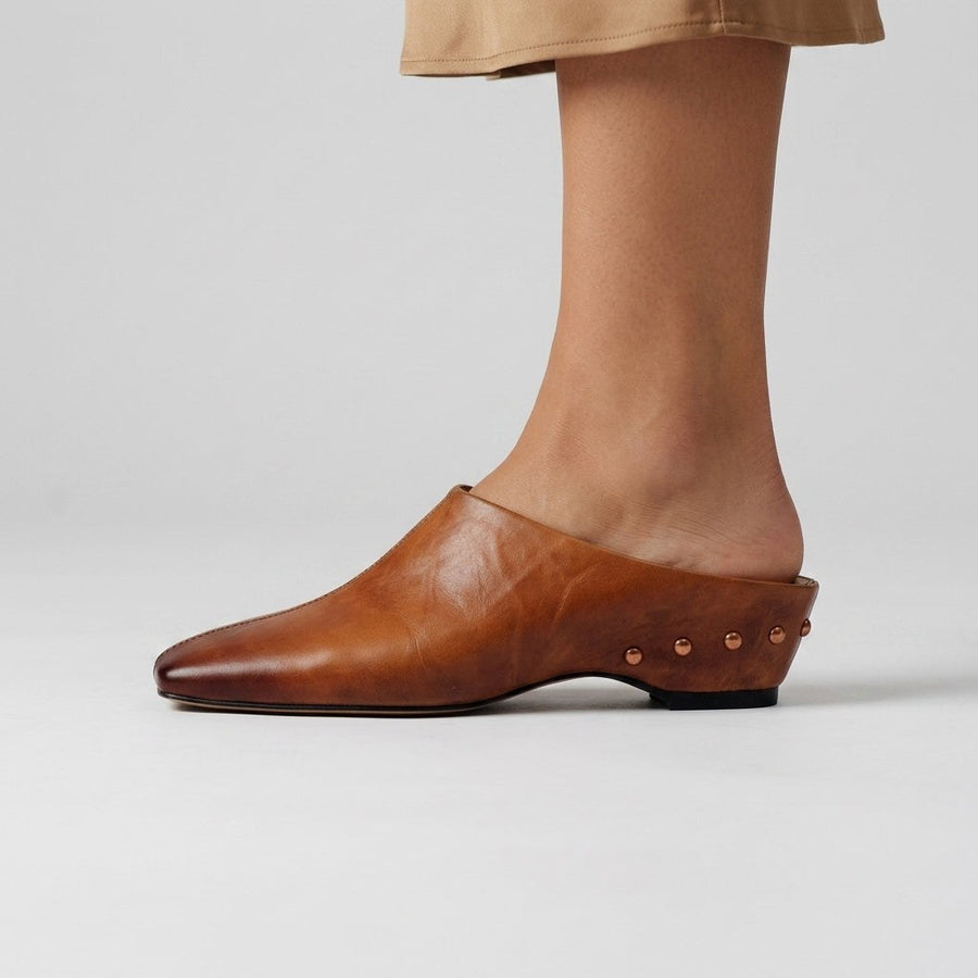 Reese Square Toe Leather Mule in Sienna Brown