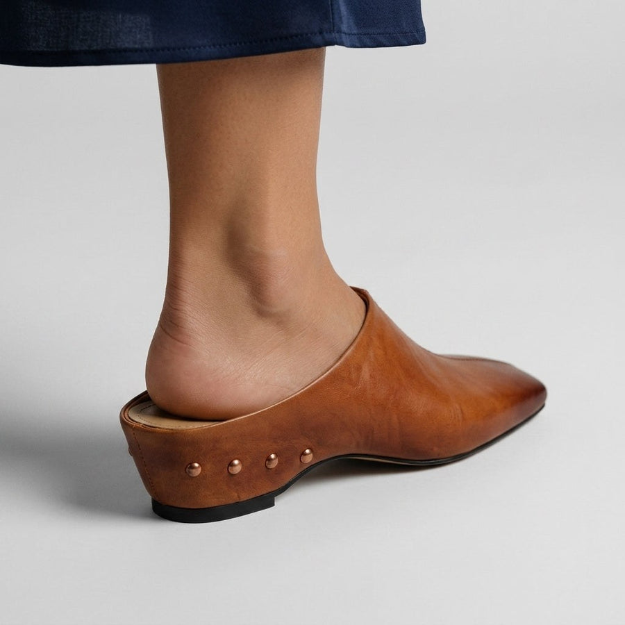Reese Square Toe Leather Mule in Sienna Brown