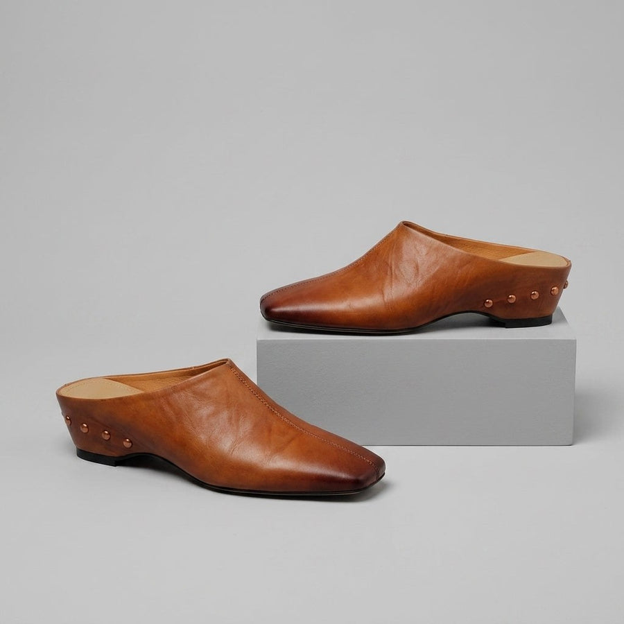 Reese Square Toe Leather Mule in Sienna Brown