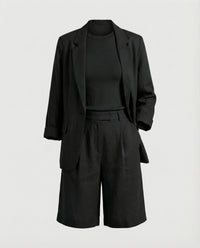 Regina Linen Blazer with Crew Neck and Fitted in Black
