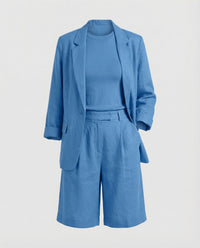 Regina Linen Blazer with Crew Neck and Fitted in Blue