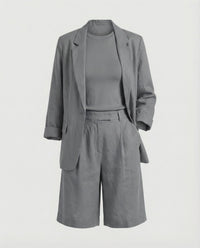 Regina Linen Blazer with Crew Neck and Fitted in Grey