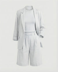 Regina Linen Blazer with Crew Neck and Fitted in White