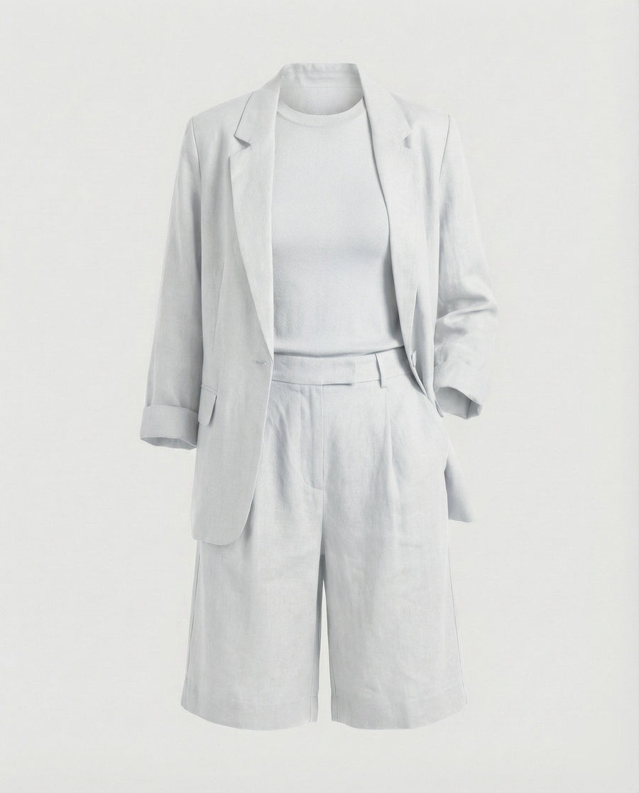 Regina Linen Blazer with Crew Neck and Fitted in White
