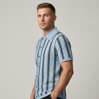 Reid Stripe Open Collar Knit Shirt in Carolina Blue
