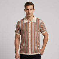 Reid Stripe Open Collar Knit Shirt in Coral