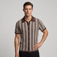 Reid Stripe Open Collar Knit Shirt in Espresso Brown