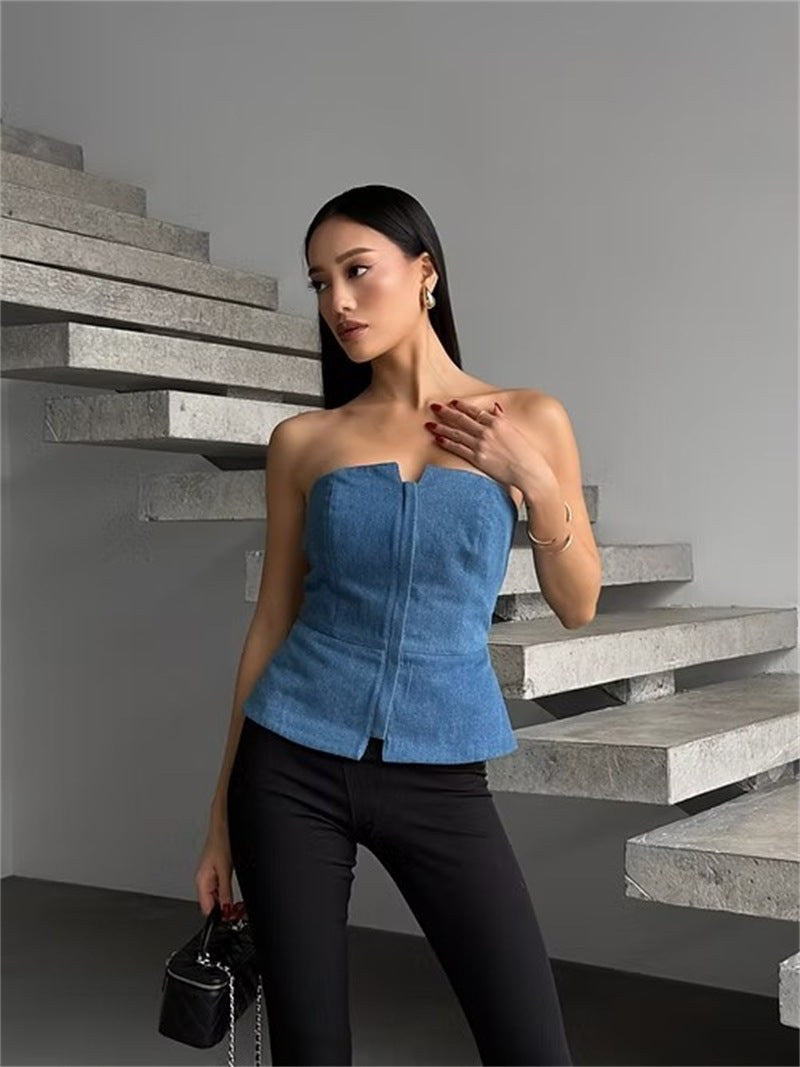 Reina Denim Top with Sleeveless and Zip Front in Blue