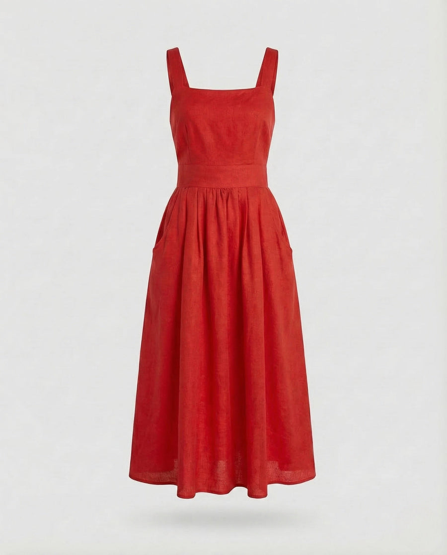 Reina Linen Midi Dress in Red