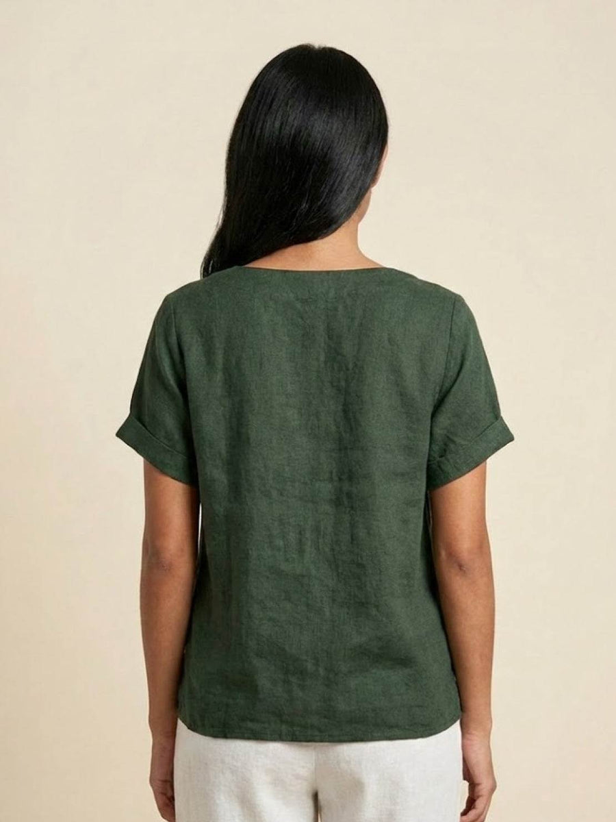 Olive | Women's Casual Tee Short Sleeve Scoop Neck Button Detail Top