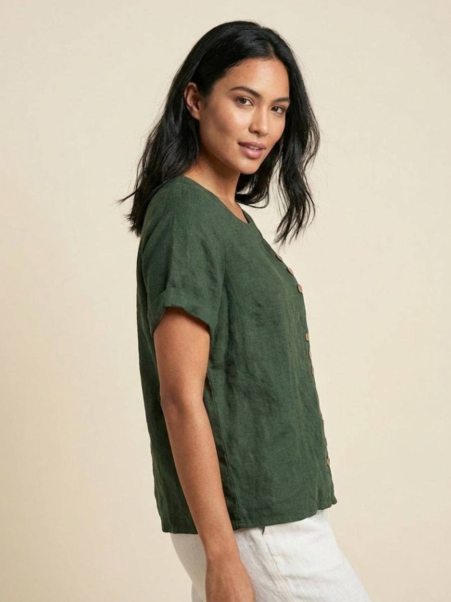 Olive | Women's Casual Tee Short Sleeve Scoop Neck Button Detail Top
