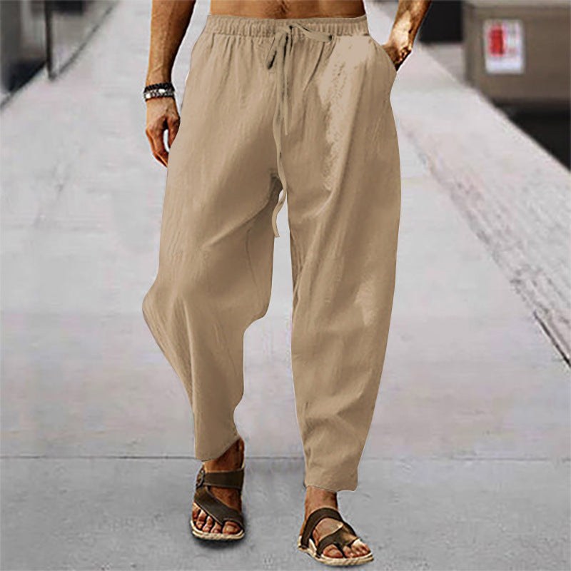 Remi Relaxed Linen Blend Trousers with Elastic Waist in Khaki
