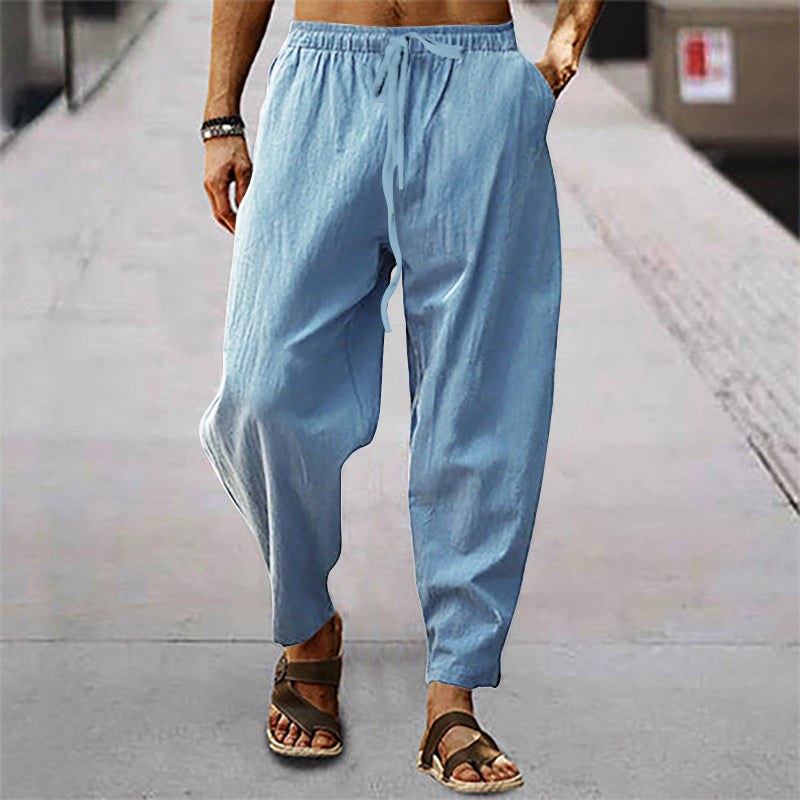 Remi Relaxed Linen Blend Trousers with Elastic Waist in Light Blue