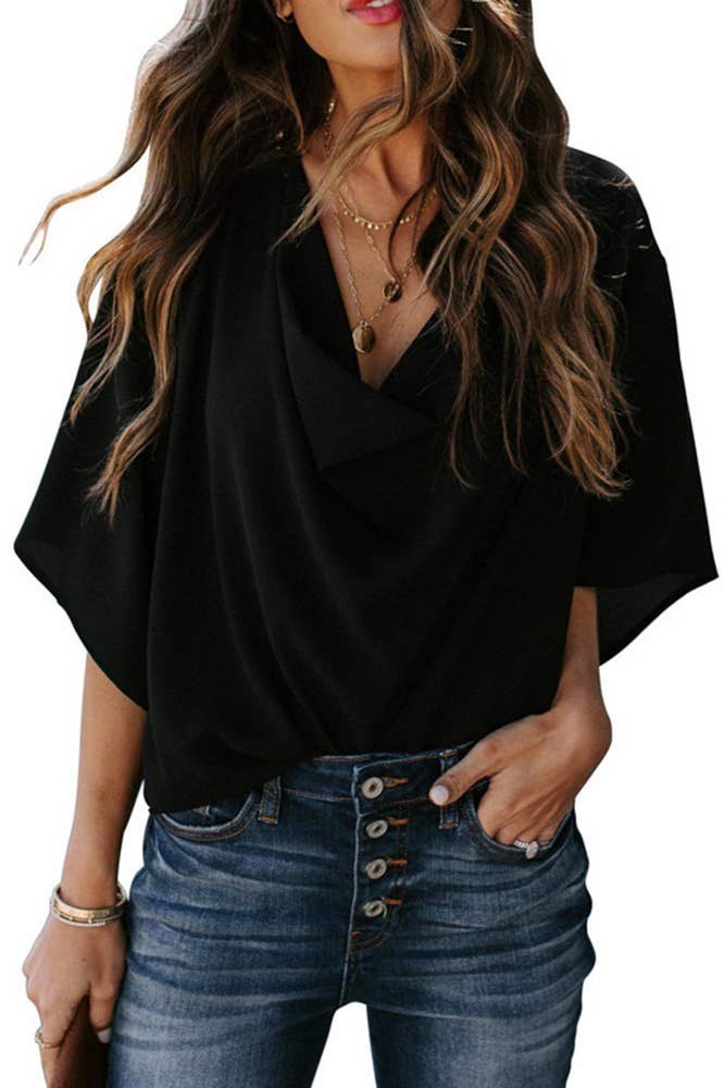Remy Women's Cowl Neck Batwing Sleeve Wrap Blouse in Black
