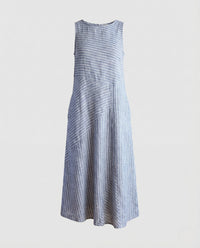 Renata Linen Midi Dress with Sleeveless and Pockets in Blue