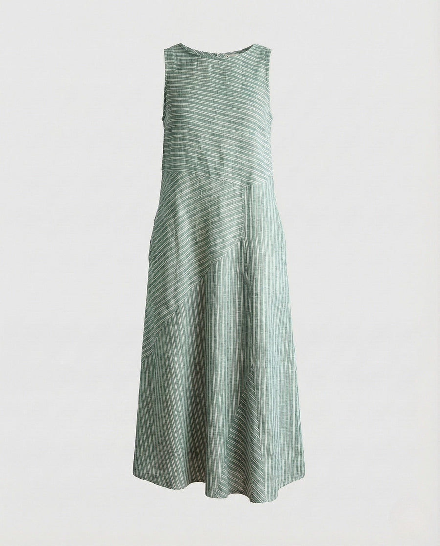 Renata Linen Midi Dress with Sleeveless and Pockets in Green