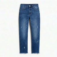 Renata Women's Straight Leg Cropped Raw Hem Jeans in Dark Blue