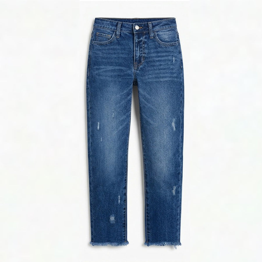 Renata Women's Straight Leg Cropped Raw Hem Jeans in Dark Blue