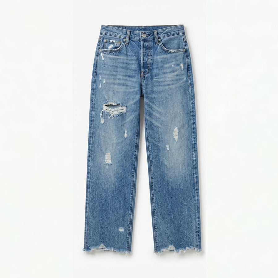 Renata Women's Straight Leg Cropped Raw Hem Jeans in Medium Blue