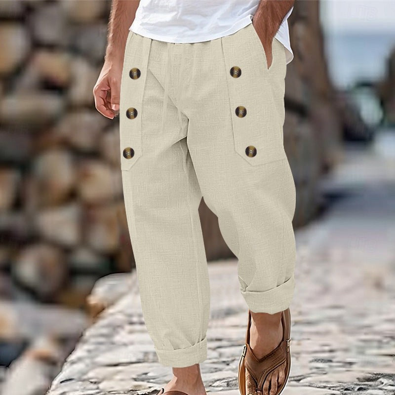 Rens Relaxed Linen Trousers with Side Pockets and Pockets in Apricot