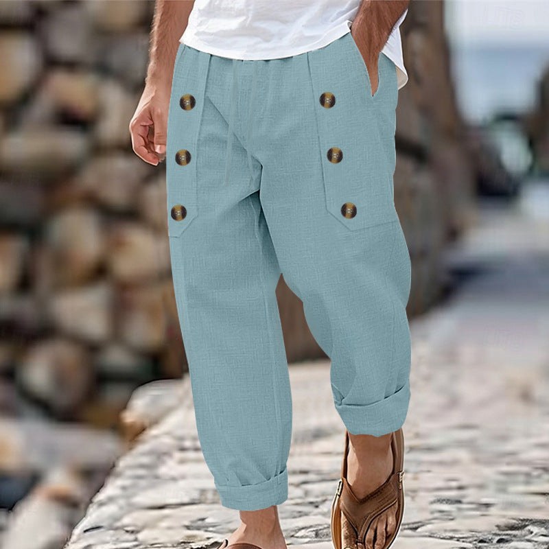 Rens Relaxed Linen Trousers with Side Pockets and Pockets in Green