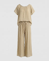 Rhea Casual Linen Set with Elastic Waist in Light Brown