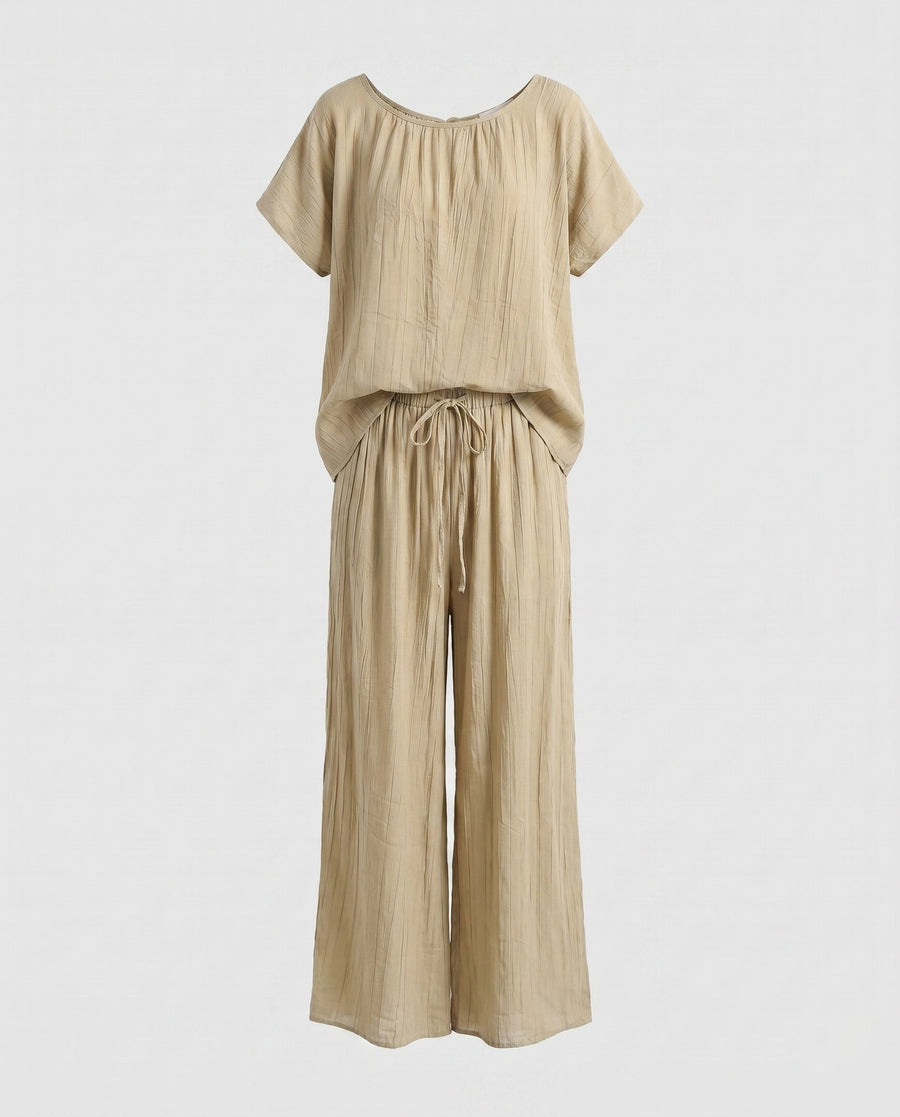 Rhea Casual Linen Set with Elastic Waist in Light Brown
