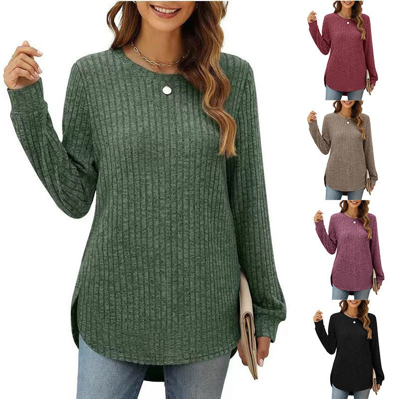Rhea Comfortable Sweater with Crew Neck and Side Split