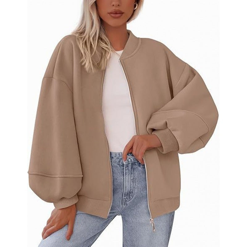 Rhiannon Casual Jacket with Zip Front and Oversized in Khaki