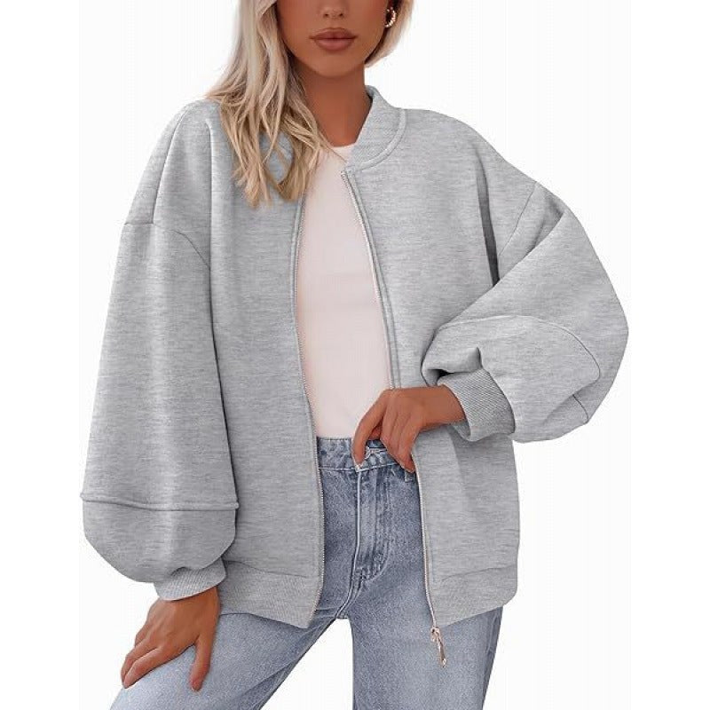 Rhiannon Casual Jacket with Zip Front and Oversized in Light Grey