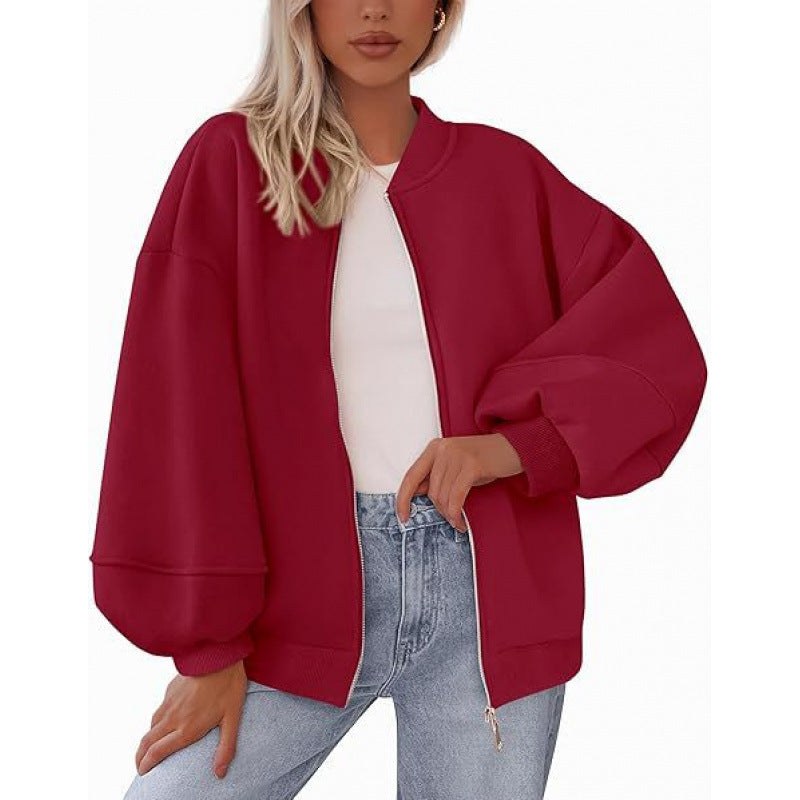 Rhiannon Casual Jacket with Zip Front and Oversized in Red