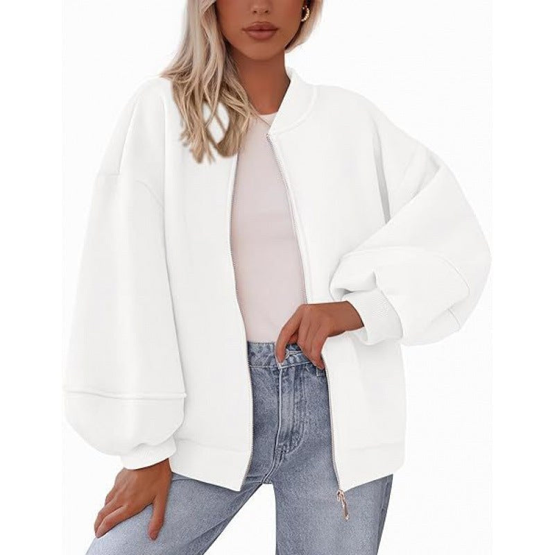 Rhiannon Casual Jacket with Zip Front and Oversized in White