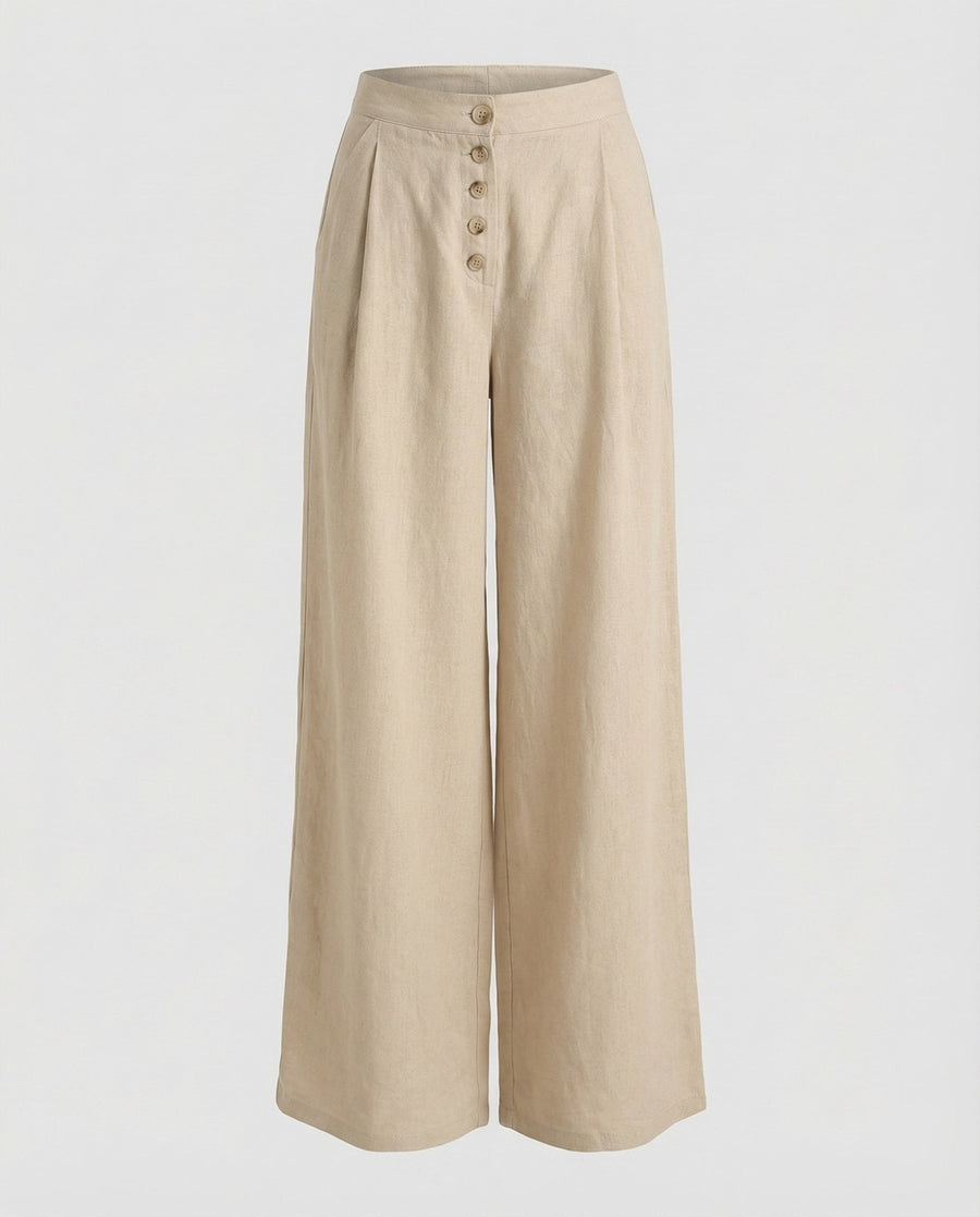 Rhiannon Linen Trousers with Button Front and Pleated in Khaki