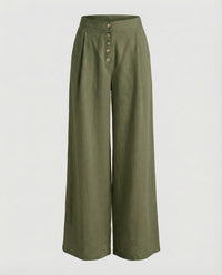 Rhiannon Linen Trousers with Button Front and Pleated in Olive Green