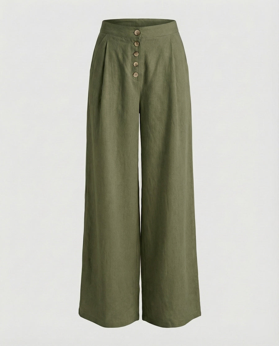 Rhiannon Linen Trousers with Button Front and Pleated in Olive Green