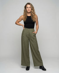 Rhiannon Linen Trousers with Button Front and Pleated