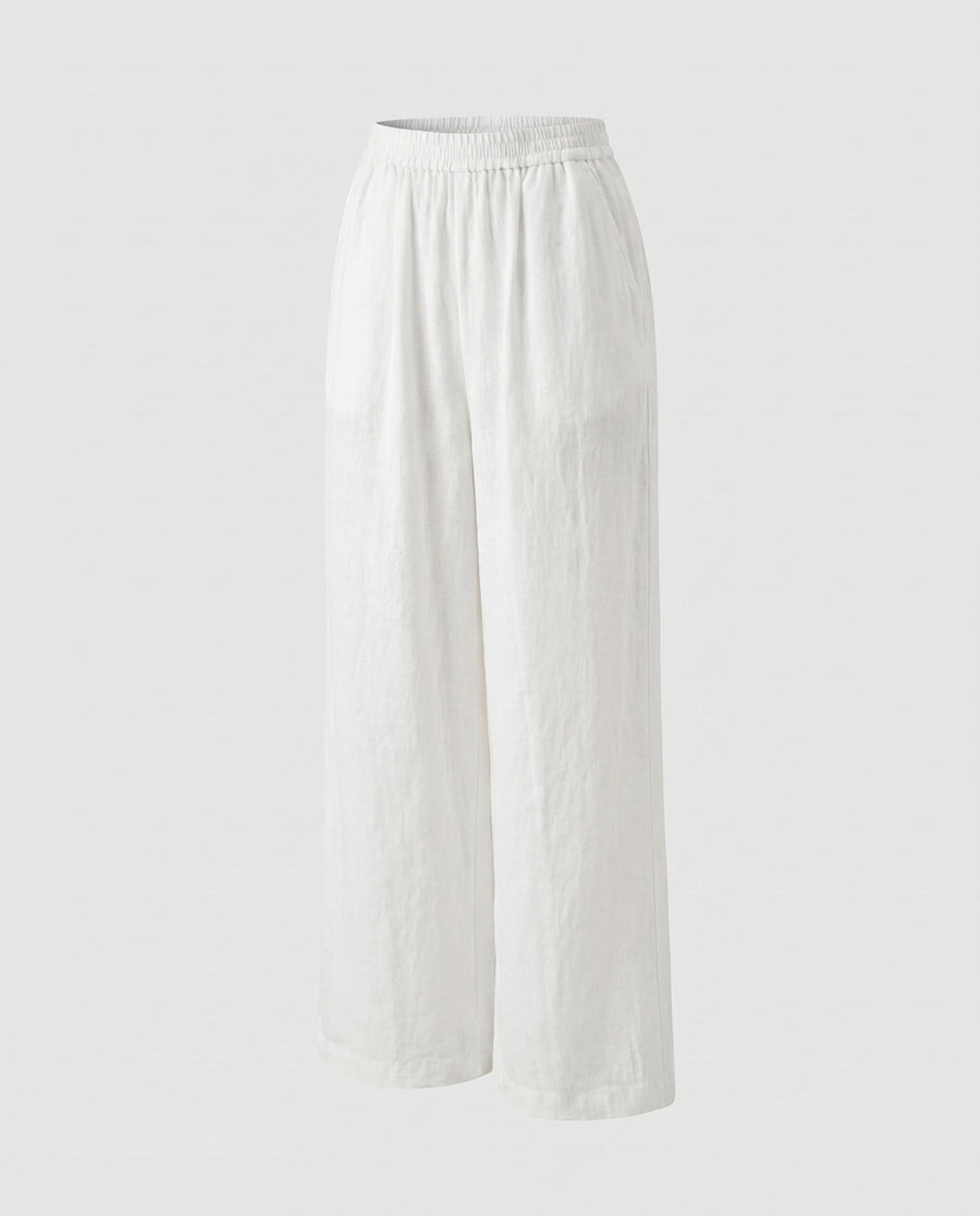 Rita Casual Linen Trousers with Elastic Waist in White