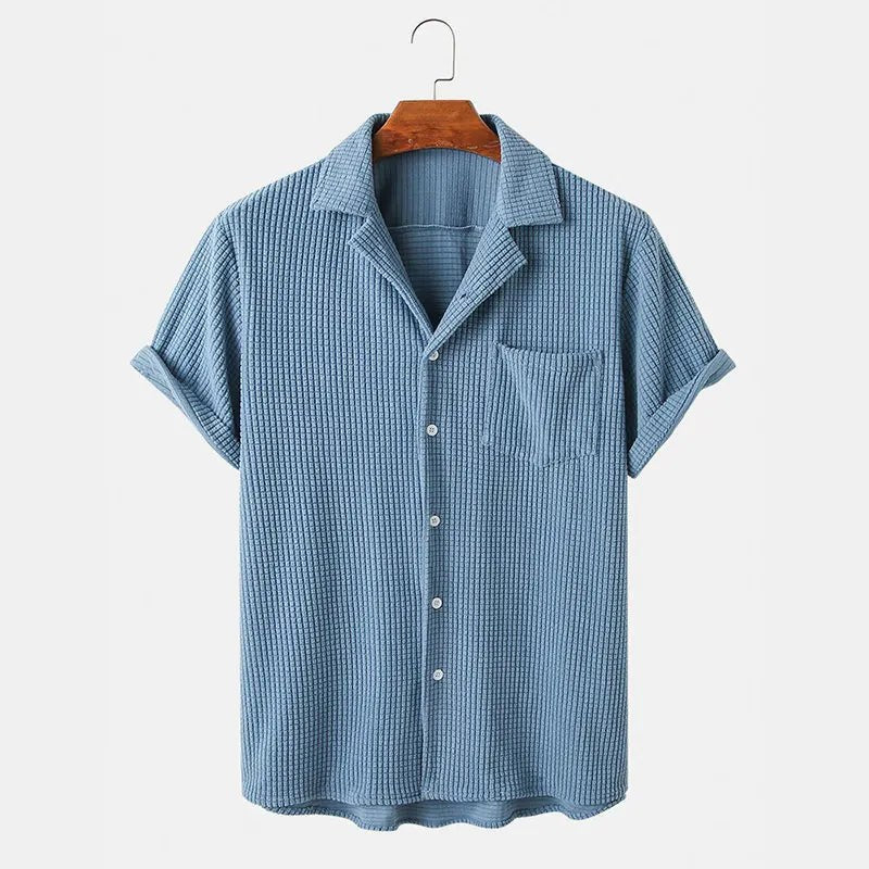 Riviera Waffle Knit Button-Up Shirt in Sea Blue