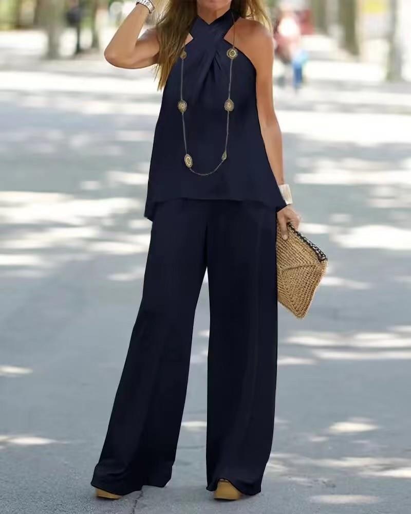Robin Elegant Set with Wide Leg in Navy