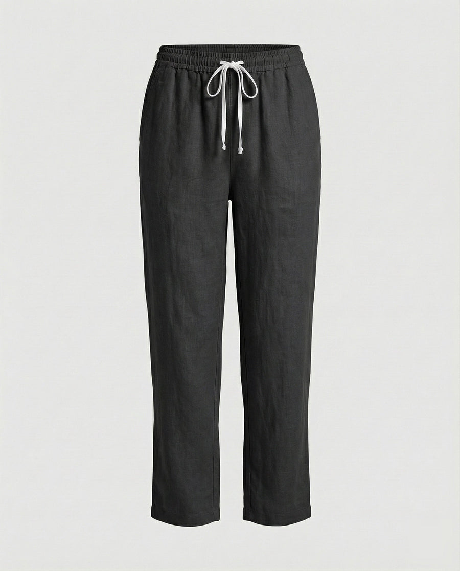 Robin Lightweight Linen Trousers with Drawstring Waist and Side Pockets in Black