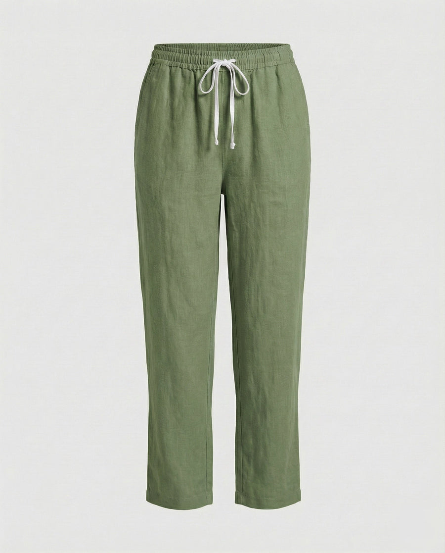 Robin Lightweight Linen Trousers with Drawstring Waist and Side Pockets in Green