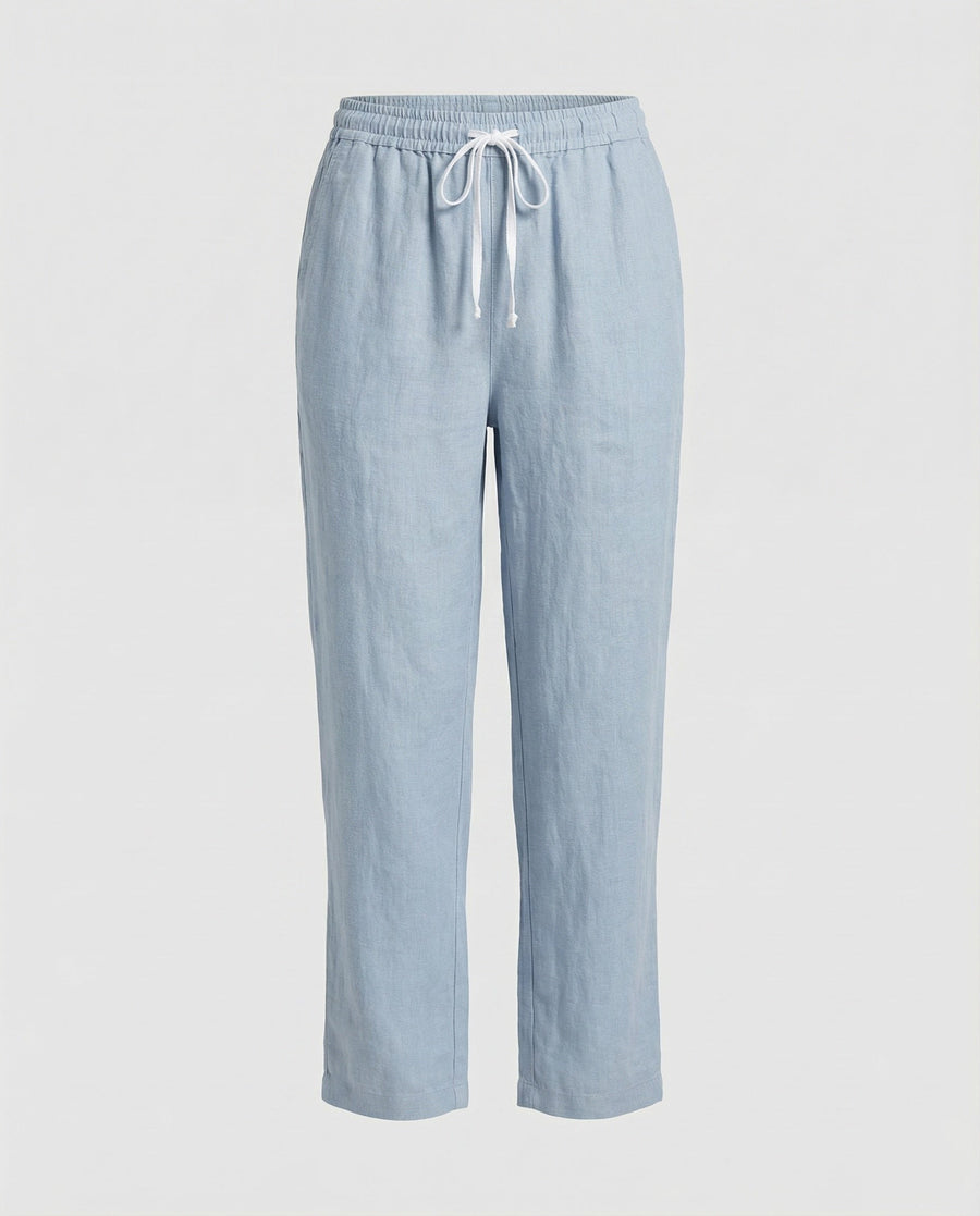 Robin Lightweight Linen Trousers with Drawstring Waist and Side Pockets in Khaki