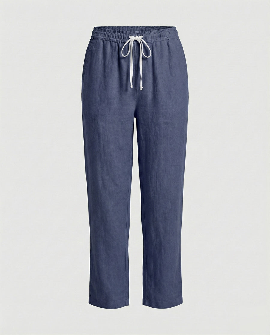 Robin Lightweight Linen Trousers with Drawstring Waist and Side Pockets in Navy