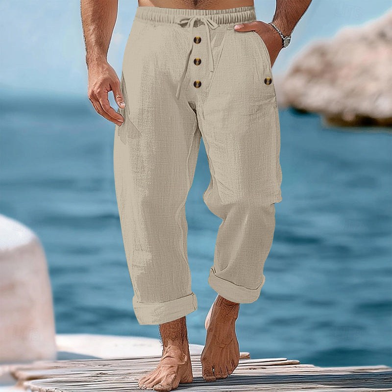 Rogier Relaxed Linen Trousers with Elastic Waist in Khaki