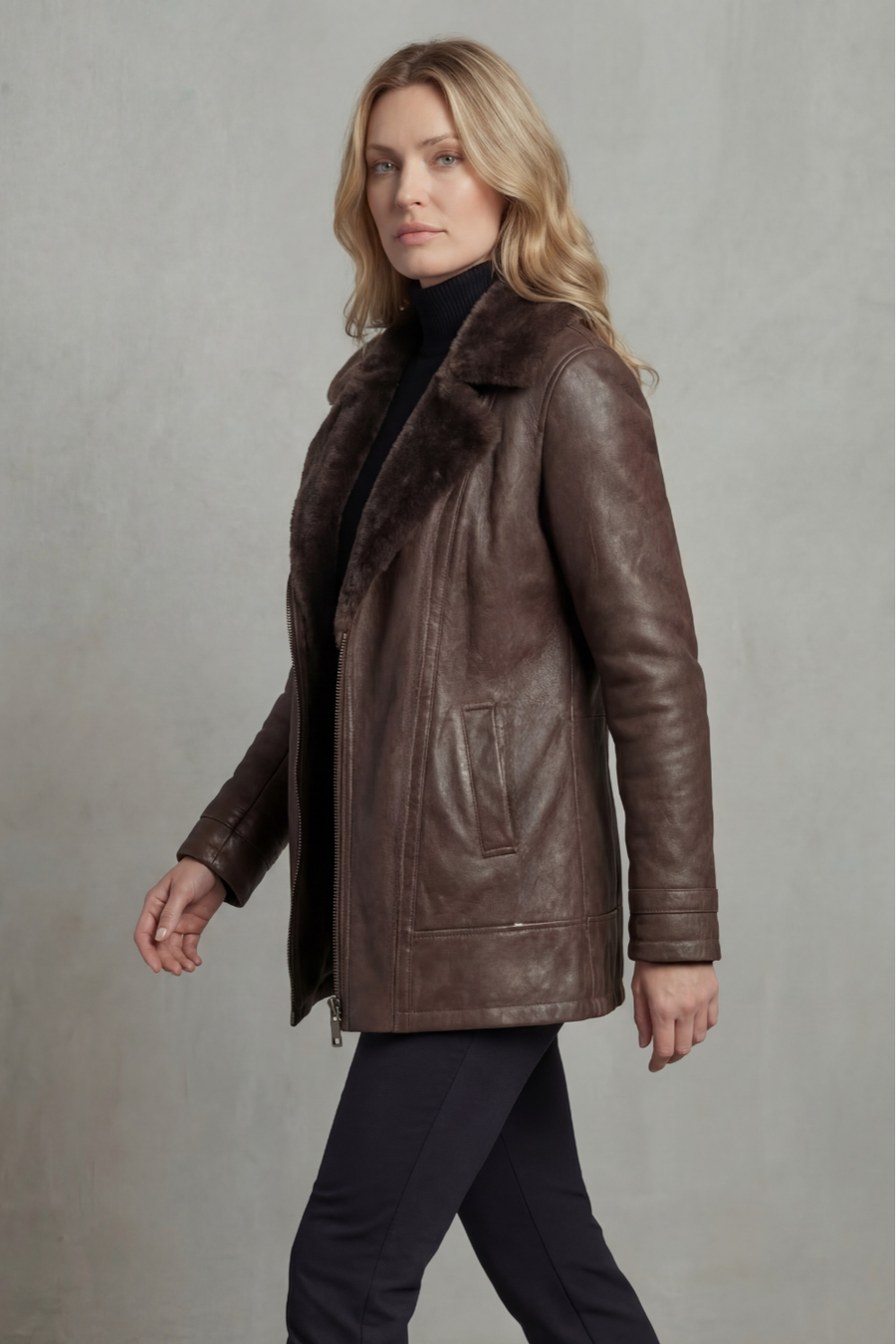 VANESSA | FAUX LEATHER SHEARLING COLLAR ZIP JACKET