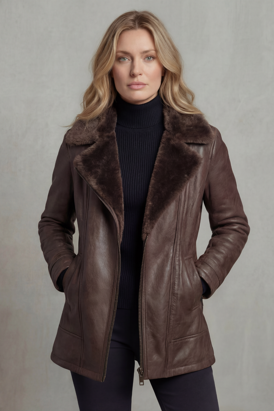 VANESSA | FAUX LEATHER SHEARLING COLLAR ZIP JACKET