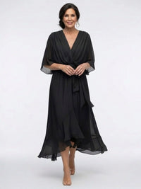 Romilda Women's Draped Waist Tie Midi Dress in Black